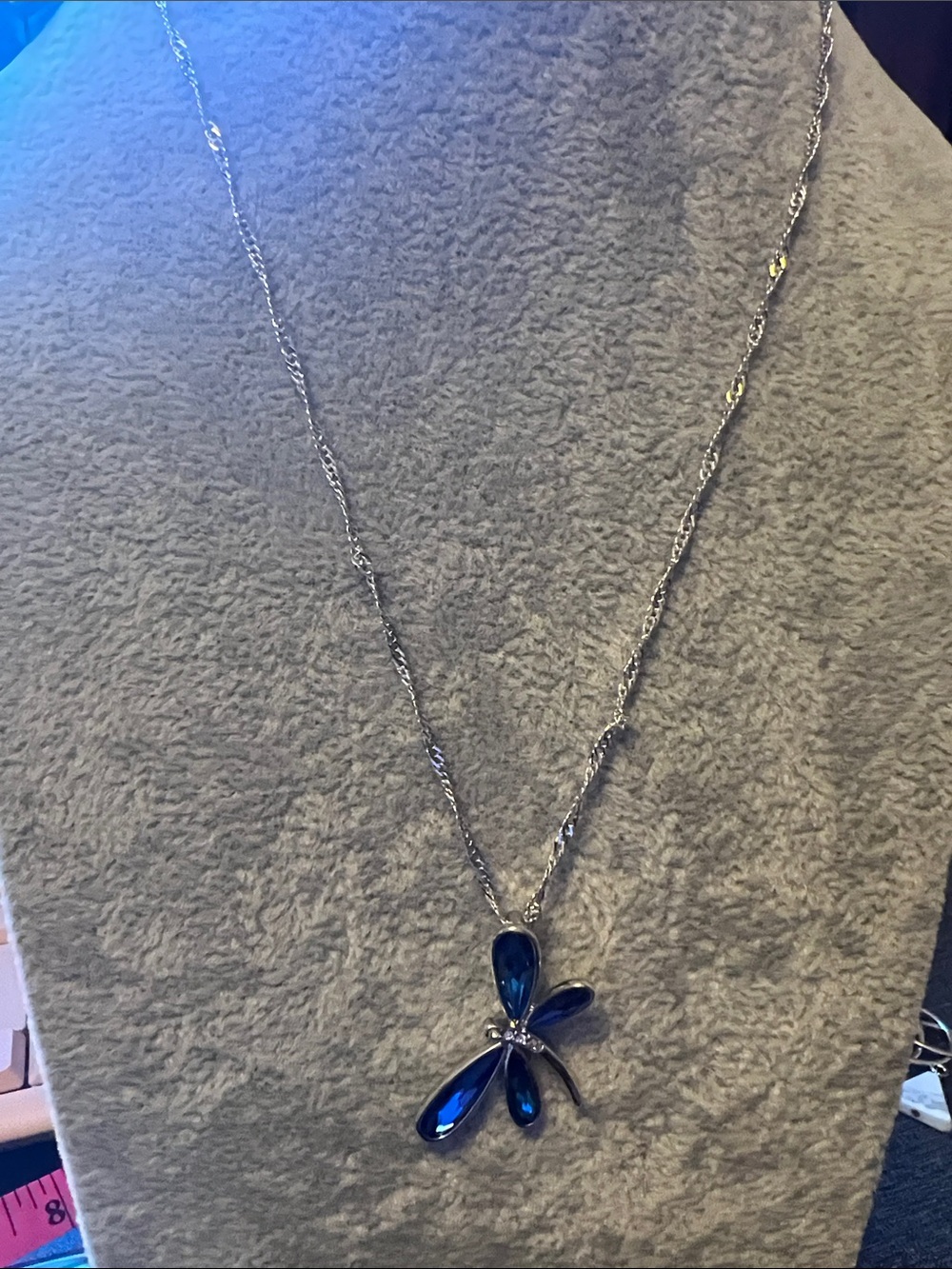 Silver-Tone Necklace with Deep Blue Teardrop Pendant